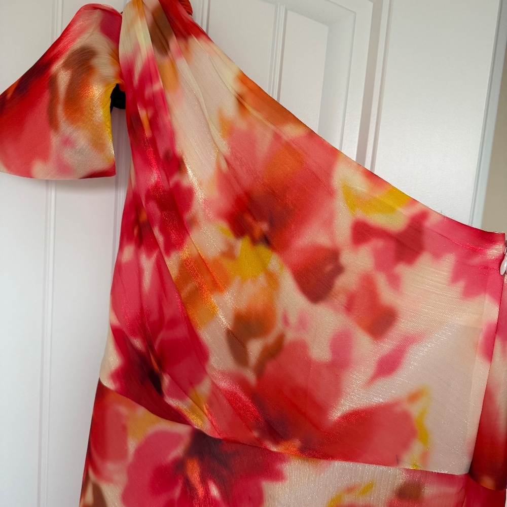 Alex Marie Floral One Shoulder Chiffon Gown - Coral/White - Size 14 - Picture 4 of 4